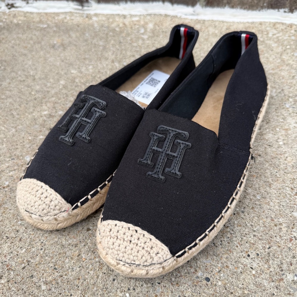 Tommy Hilfiger Anni2 Women Sz 8.5M Black Canvas Espadrille Logo Flats